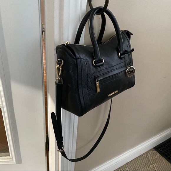 Michael Kors Carine Classic Black Medium Pebbled Genuine Leather Satchel Handbag - Picture 6 of 13